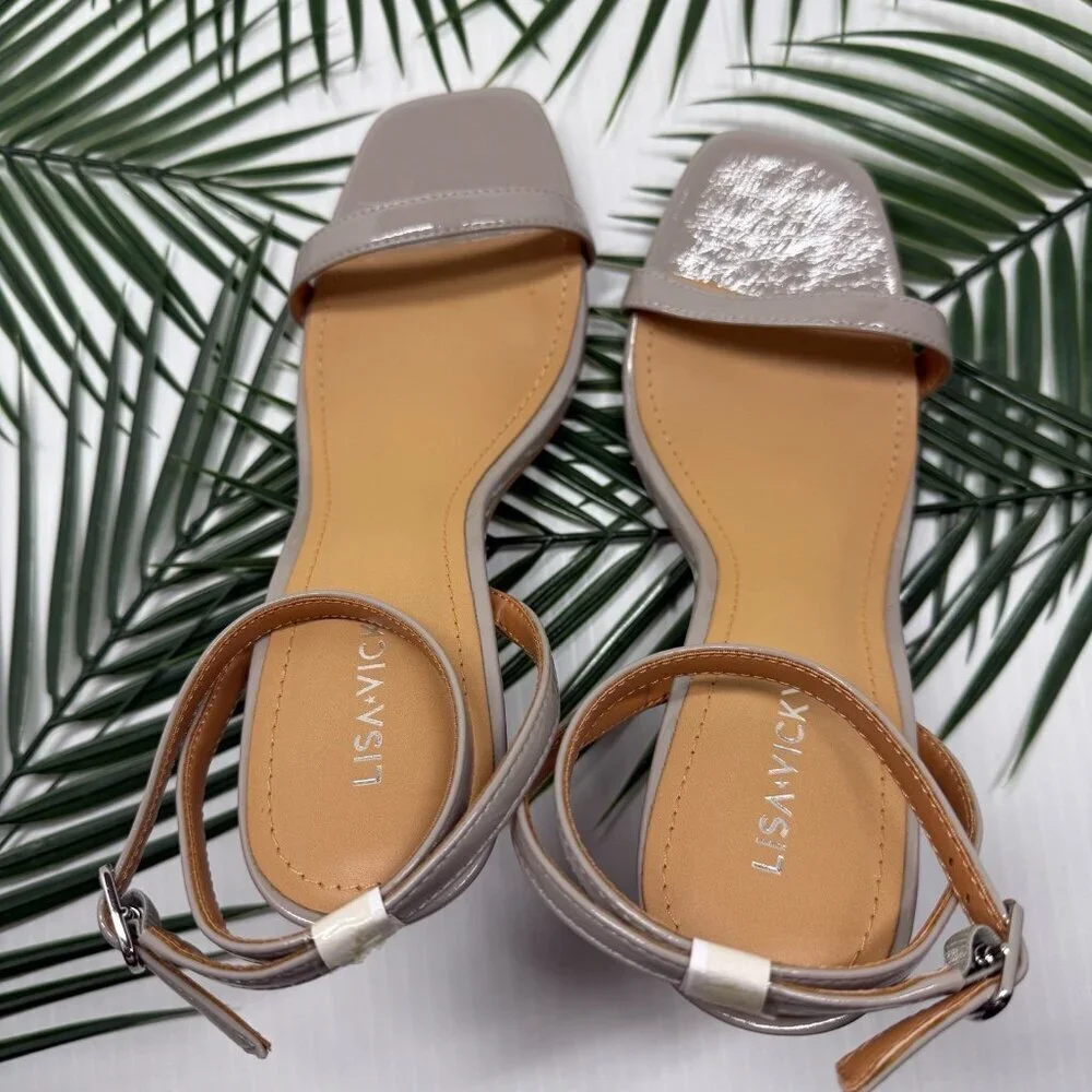 Lisa Vicky Grace Block Heel Sandals Nude Patent Sz 8.5 NWB Strappy Square Toe - Picture 7 of 12